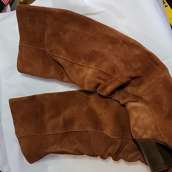 New Free People Elle Tall Slouch Boots Distressed Rust Suede Block Heel - Picture 7 of 8